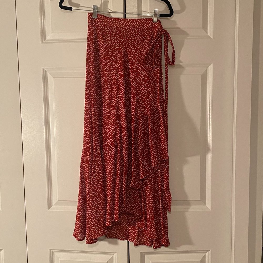 Reformation Anneliese Wrap Skirt - Red Microfloral Wrap Midi Skirt - XS